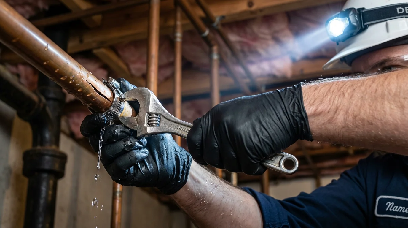 Emergency pipe clamp repair being performed by a Johns Plumbing LLC plumber in Barre