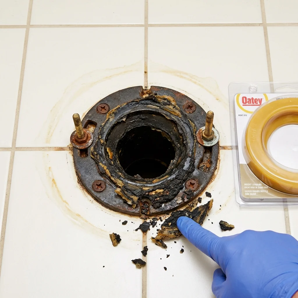 Failed wax ring showing water seepage at the base of a toilet in a Barre, MA home