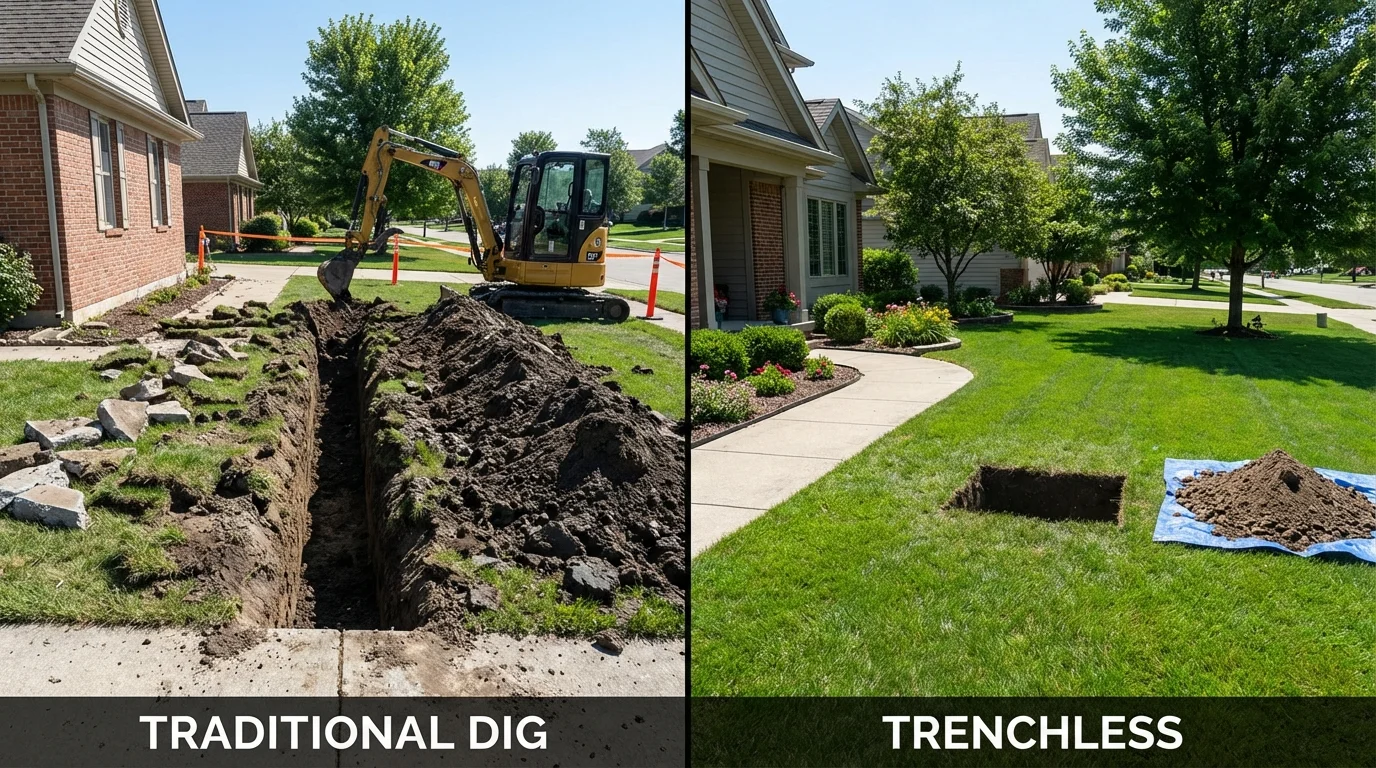 Trenchless sewer repair with minimal yard damage versus traditional excavation in Barre, MA