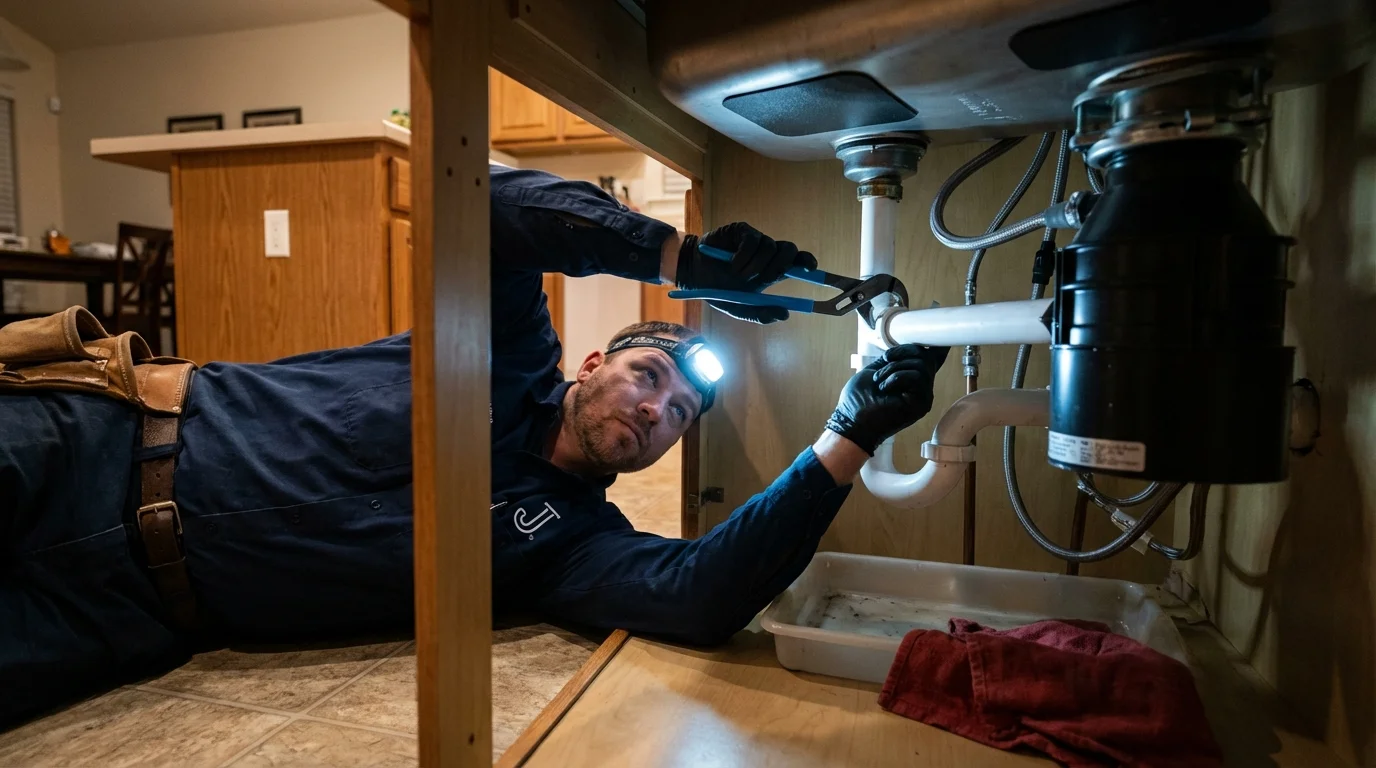 P-trap and supply line connections under a kitchen sink showing a common leak point in Barre, MA